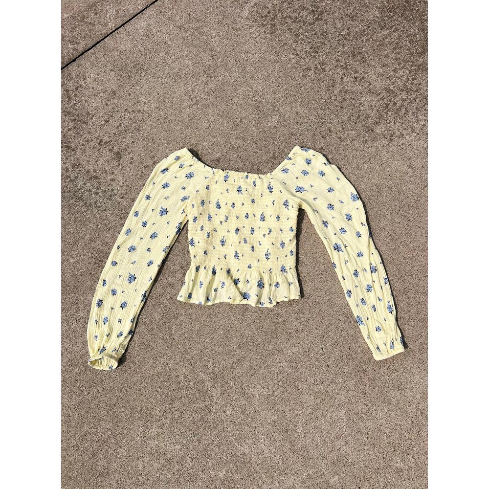 Arizona Jean Co Floral Smocked Boho Blouse XS‎ Yellow Cottagecore Square Neck